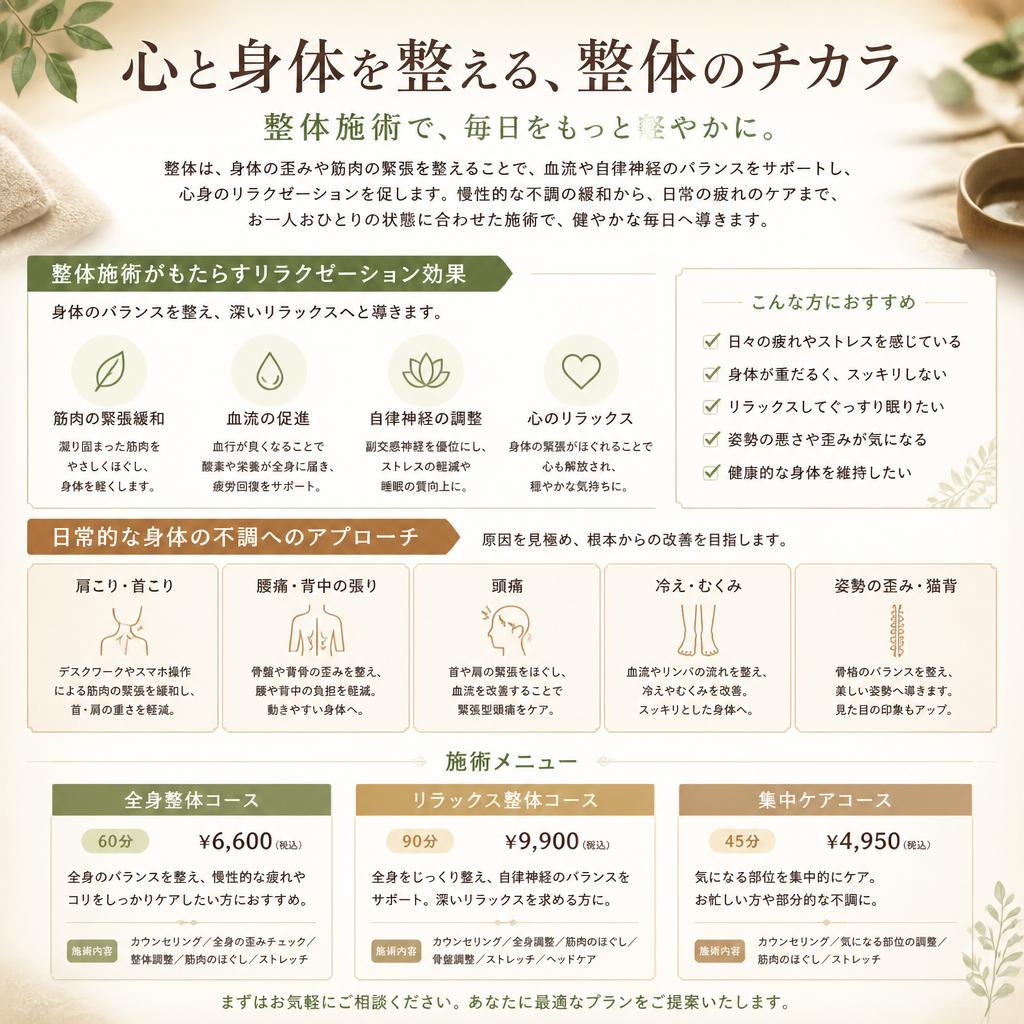 整体で心地よいリラックスと充実感を